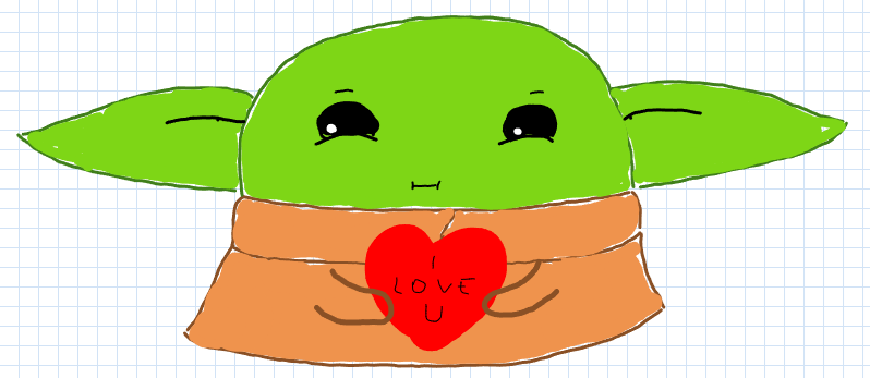 Baby Yoda trzyma serduszko z napisem I love u